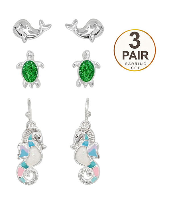 Sealife theme epoxy 3 pair earring set - whale turtle seahorse