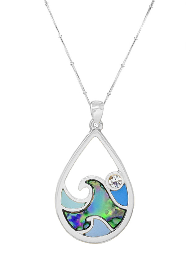 Sealife theme epoxy and abalone teardrop necklace - wave