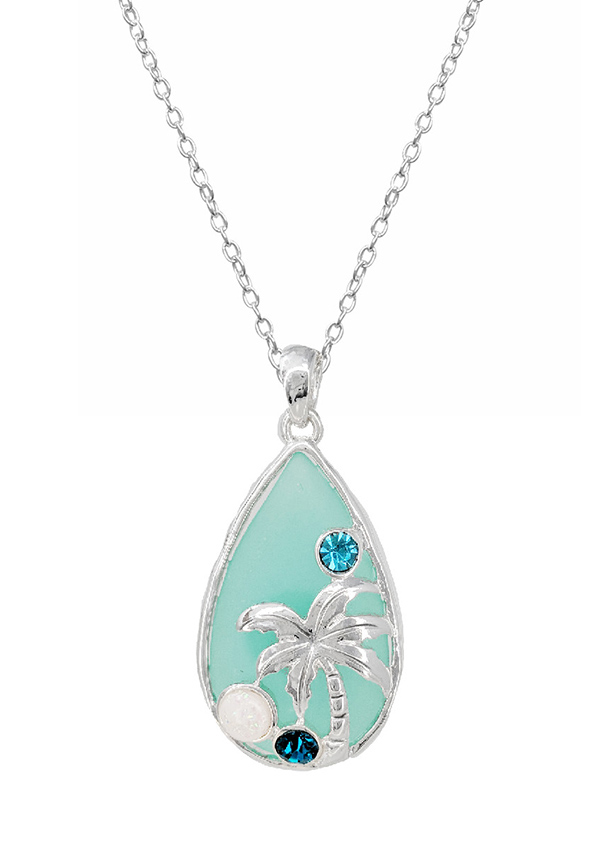 Tropical theme seaglass teardrop necklace - palm tree