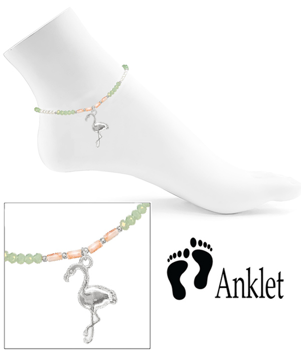 Tropical theme mulit bead anklet - flamingo
