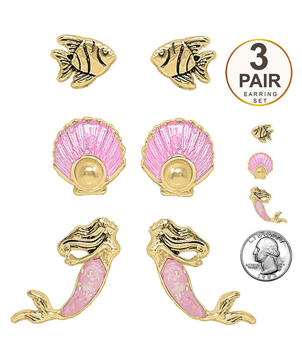 Sealife theme 3 pair earring set - fish shell mermaid