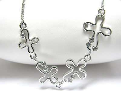 Made in korea whitegold plating crystal stud multi round edge cross link necklace
