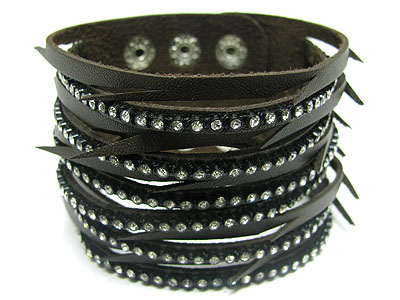 Multi line crystal deco cut out leather band bracelet