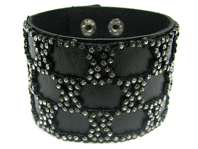 CRYSTAL ROUND DECO WIDE LEATHER BAND BRACELET