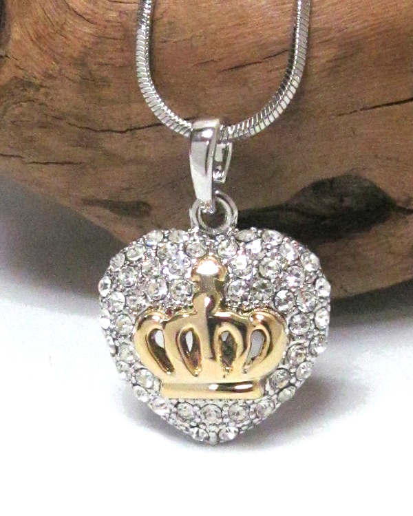 Made in korea whitegold plating crystal puff heart with two tone crown necklace