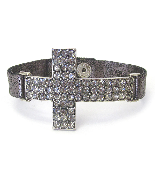 CRYSTAL CROSS AND LEATHER BAND BRACELET