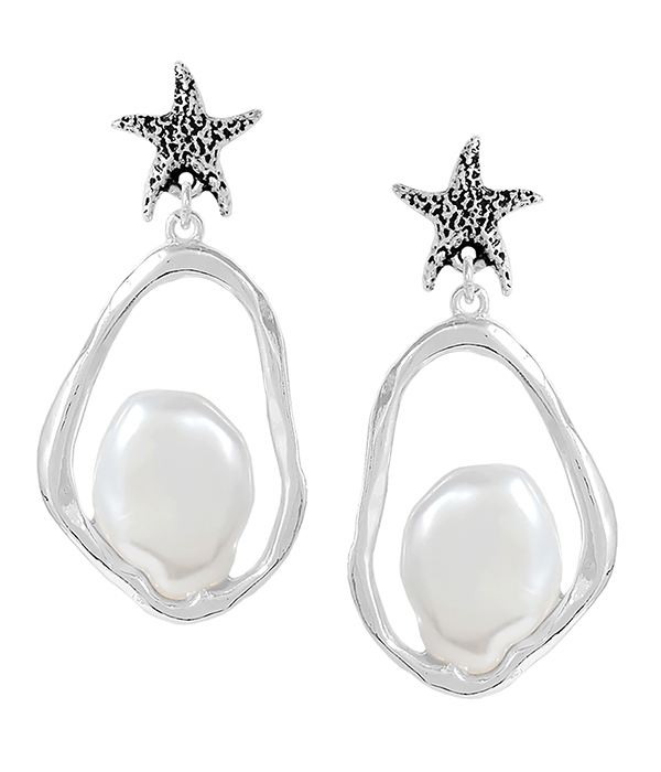 SEALIFE THEME PEARL HOOP DROP EARRING - STARFISH