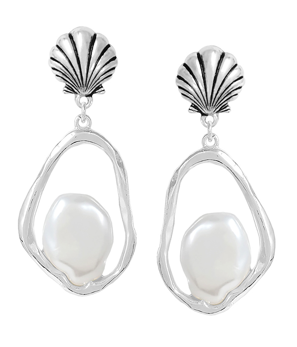 SEALIFE THEME PEARL HOOP DROP EARRING - SHELL