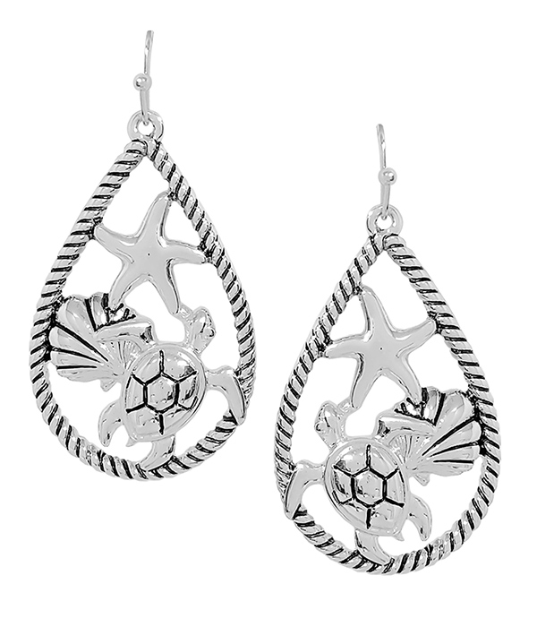 SEALIFE THEME ROPE TEXTURED TEARDROP HOOP EARRING - TURTLE STARFISH