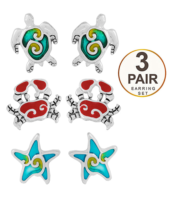 Sealife theme 3 pair earring set - turtle crab starfish