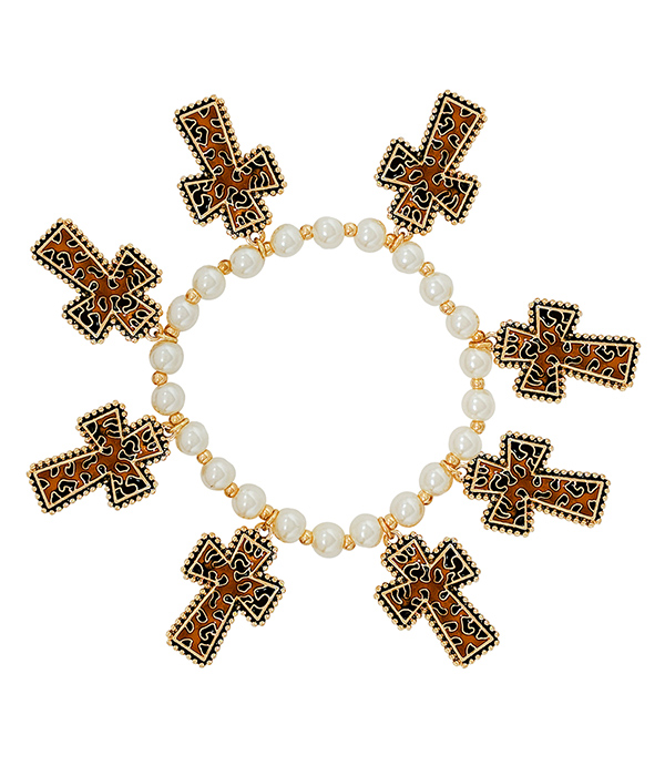 Animal print cross charm and pearl stretch bracelet