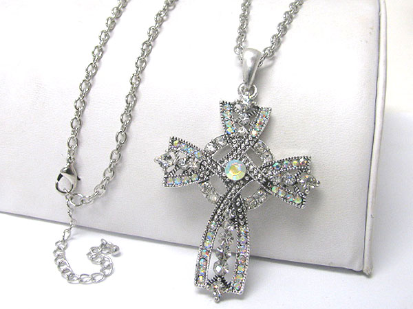 Crystal stud cross pendant long necklace