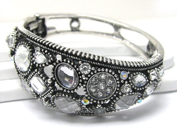 Crystal and facet glass deco metal hinge bangle