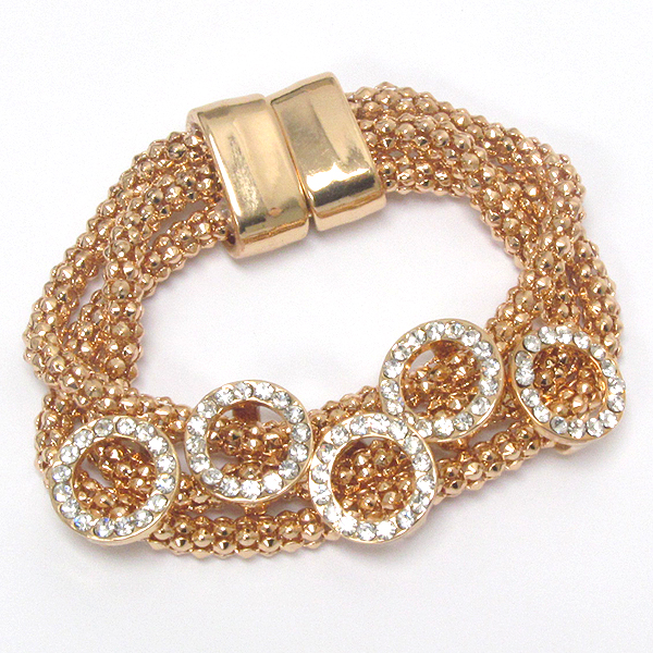Five crystal circle charm on triple tube chain magnetic clasp bracelet