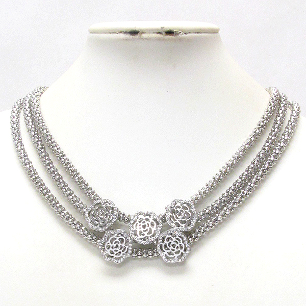 Five crystal rose flower pendant on triple tube chain magnetic clasp necklace