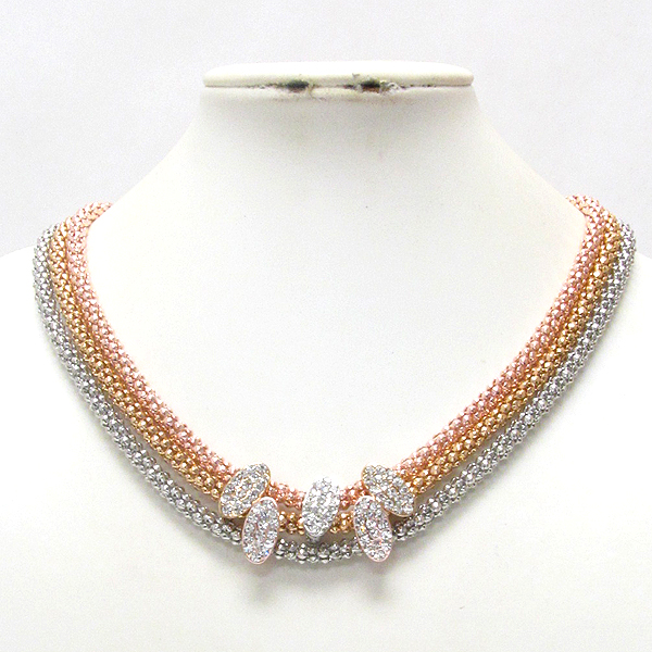 Five crystal oval bubble pendant on triple tube chain magnetic clasp necklace