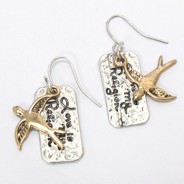 Vintage metal bird and religion message double layer earring