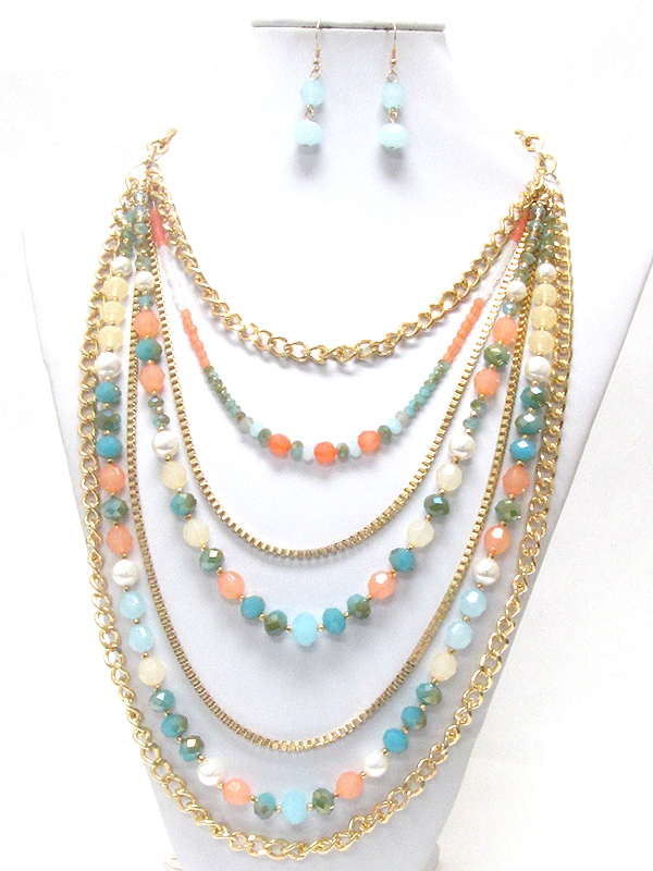 Luxury line semi precious stone and pearl deco multi chain drop necklace earring set