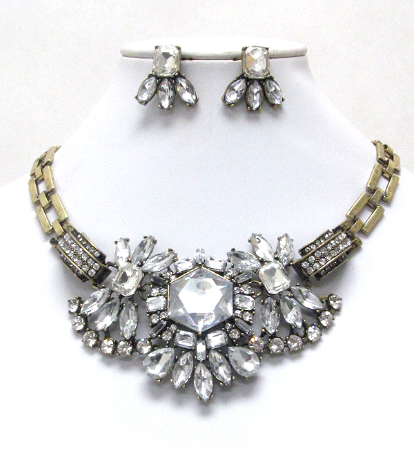 Multi crystal and facet glass deco and watch band chain boutique style necklace earring set