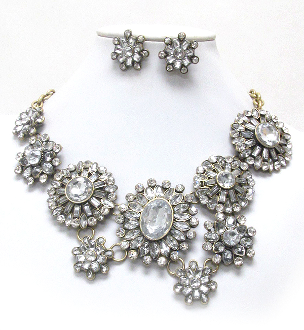 Luxury line multi crystal and facet glass flower link boutique style necklace earring set