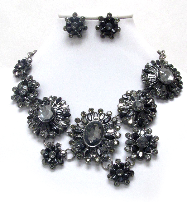 Luxury line multi crystal and facet glass flower link boutique style necklace earring set