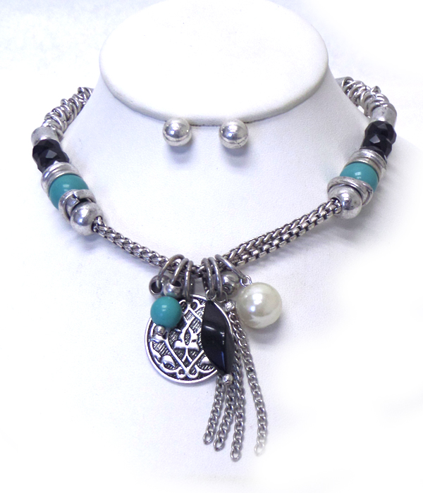 Charm tassel drop metal beads necklace set 
