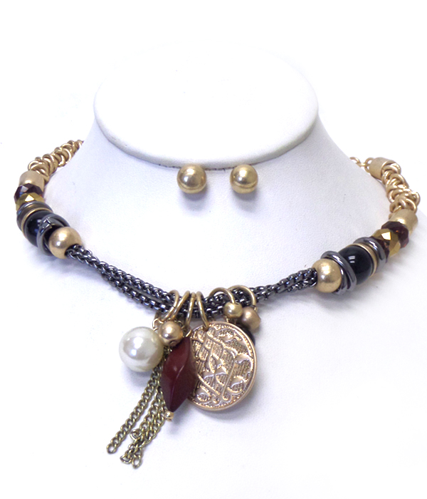 Charm tassel drop metal beads necklace set 