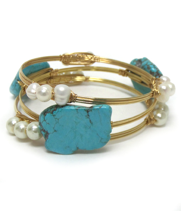 Turquoise and fresh water pearl mix handmade bourbon wire bracelet set of 3
