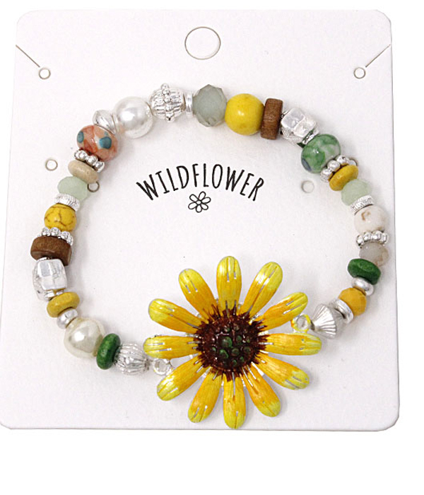 Garden theme multi bead stretch bracelet - pain sunflower