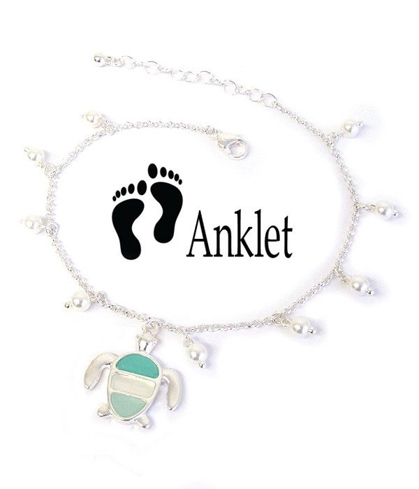 SEALIFE THEME SEA GLASS AND MULTI PEARL ANKLET - TURTLE