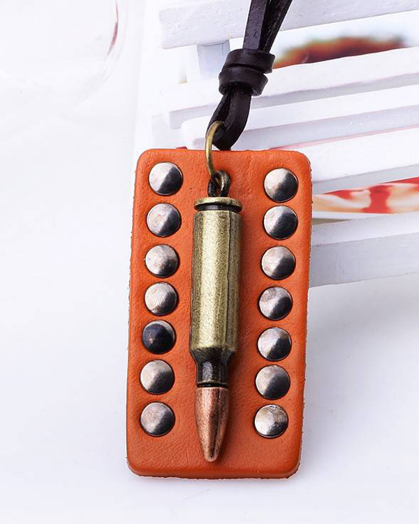Genuine leather and bullet charm handmade necklace