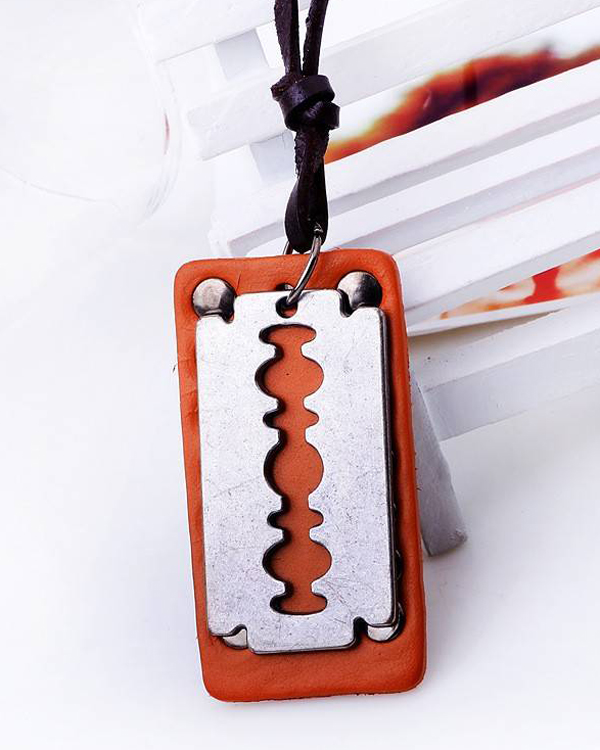 Genuine leather and razor charm handmade necklace