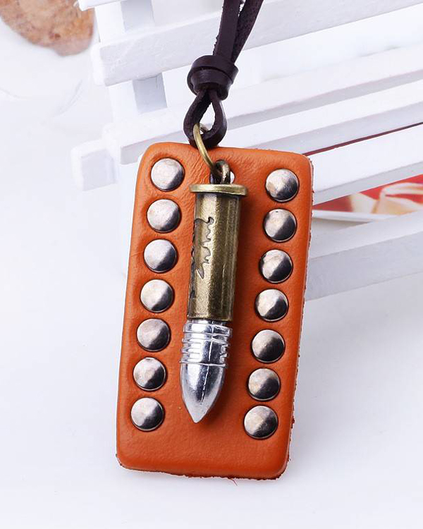 Genuine leather and bullet charm handmade necklace