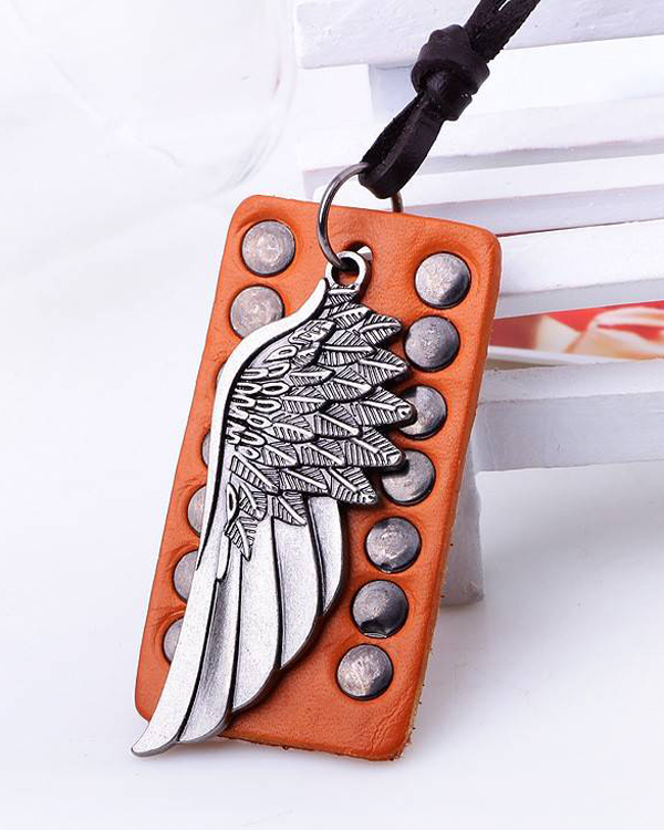 Genuine leather and wing charm handmade necklace