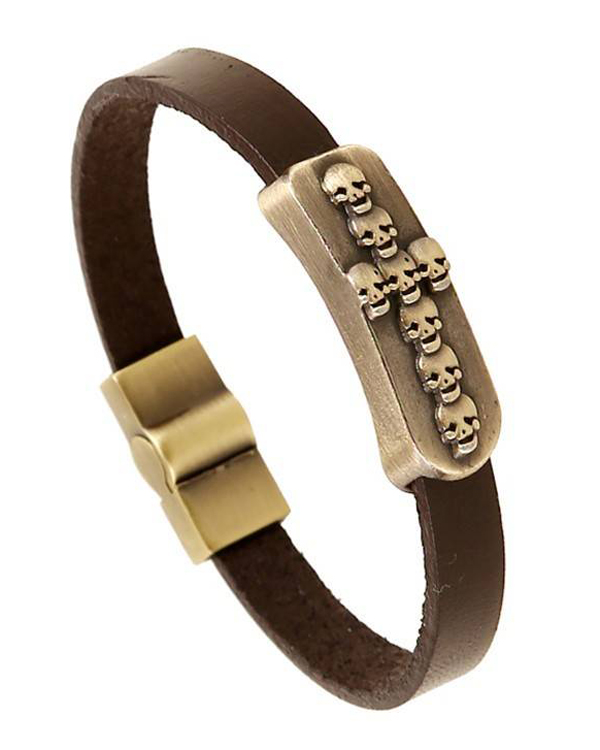 Pulseira inspired unisex or mens leather magnetic bracelet - skull cross