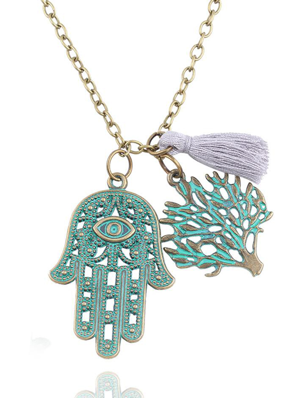 Patina hamsa tree and pom pom tassel dangle necklace