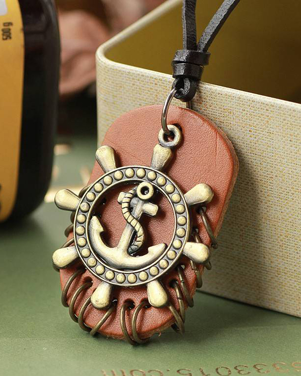 Genuine leather and anchor charm handmade necklace