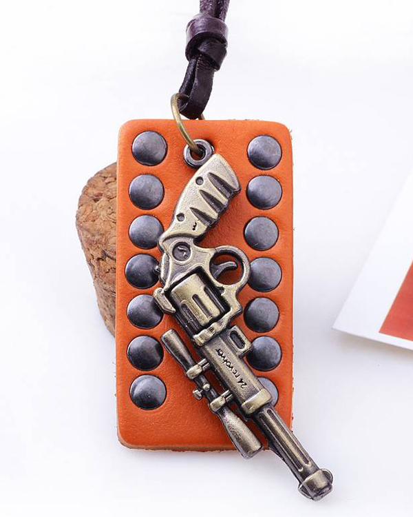 Genuine leather and gun charm handmade necklace