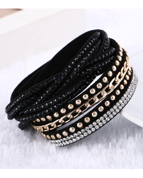 Crystal and metal chain leather wrap long bracelet
