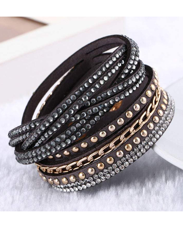Crystal and metal chain leather wrap long bracelet