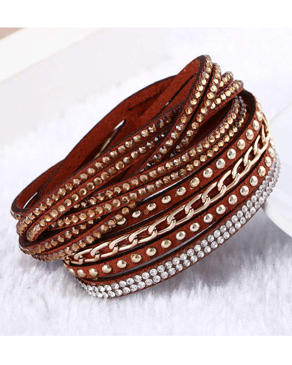 Crystal and metal chain leather wrap long bracelet