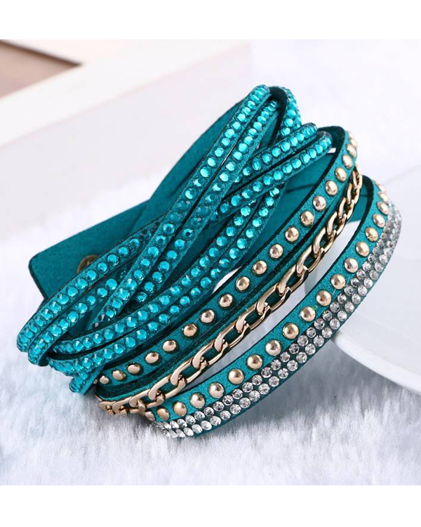 Crystal and metal chain leather wrap long bracelet