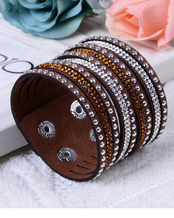 Crystal and metal stud leather bracelet