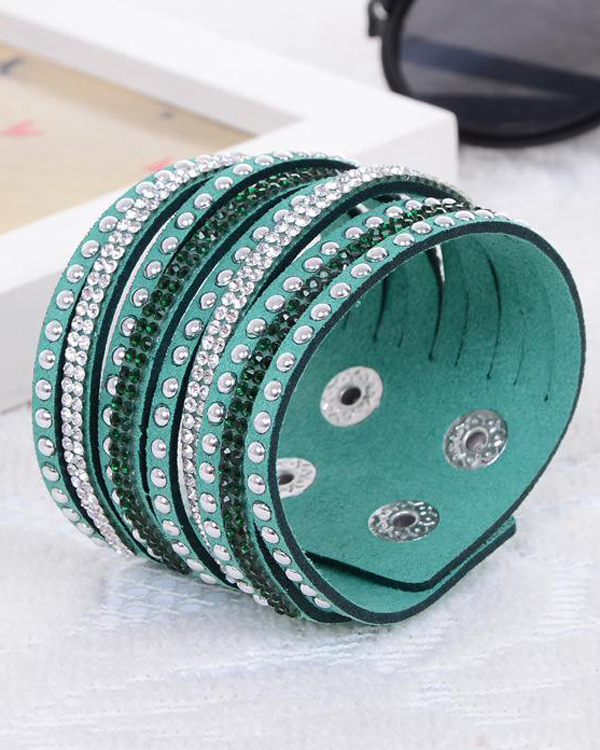Crystal and metal stud leather bracelet