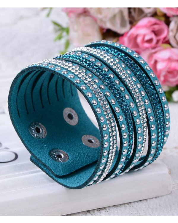 Crystal and metal stud leather bracelet