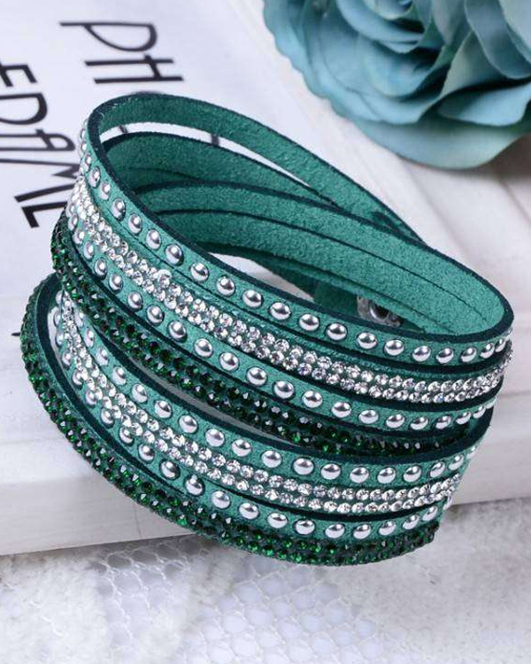 Crystal and metal stud leather wrap bracelet