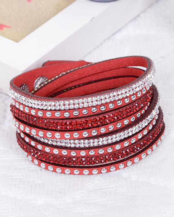 Crystal and metal stud leather wrap bracelet