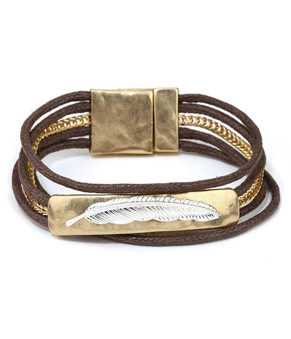 Handmade leaf and wax cord magnetic bracelet