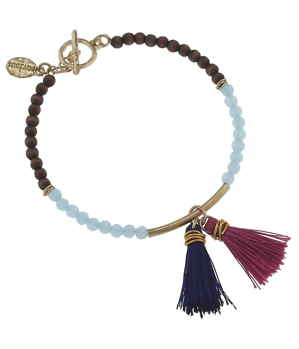 Double tassel and wood and glass bead mix toggle bracelet