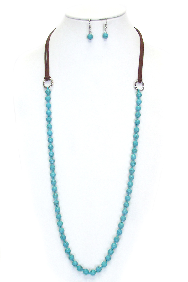 Multi glass bead and leatherette long necklace set